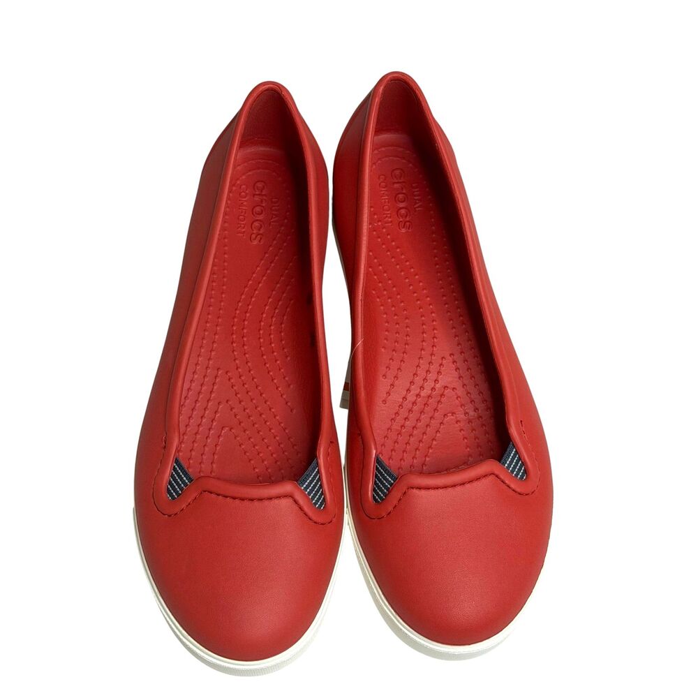 Crocs Dual Comfort Citilane Flat Shoe Relaxed Fit Flame Red White Women 10 NWT
